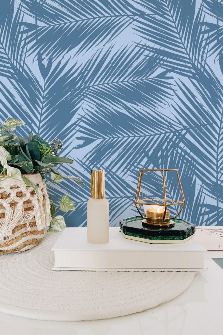 Blue Palm Leaves Removable Wallpaper Self Adhesive 
