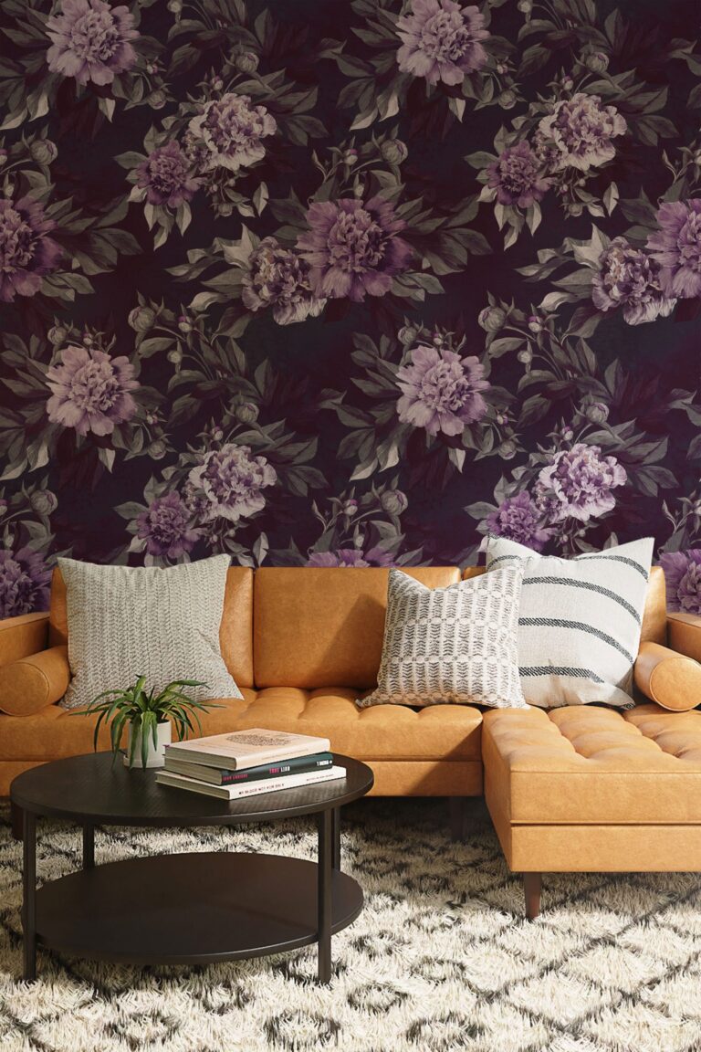 Dark Floral Wallpaper, Watercolor Peony, Wall Mural, Removable