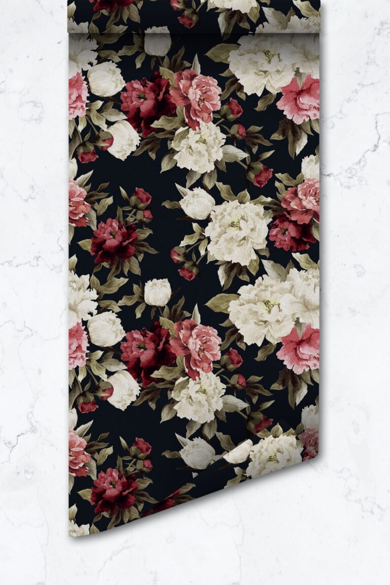 Dark Foral Wallpaper, Peel And Stick, Peony Flower, Temporary
