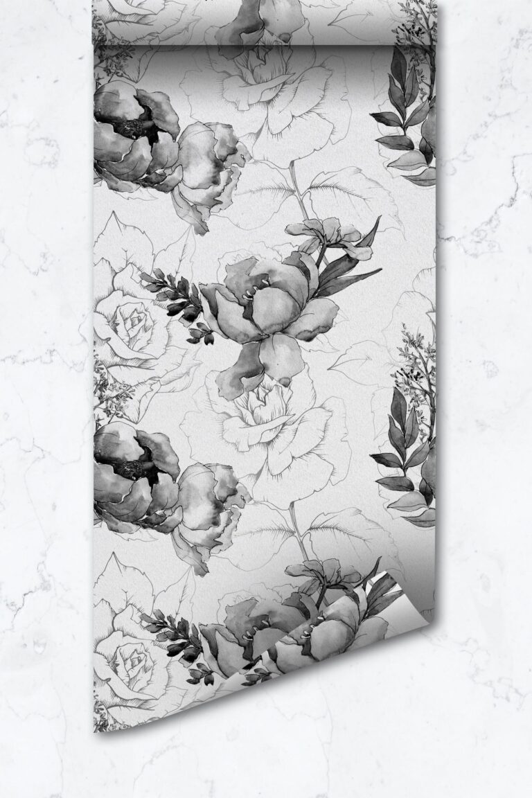 Floral Peony Removable Wallpaper, Gray Watercolor Flower  Self Adhesive