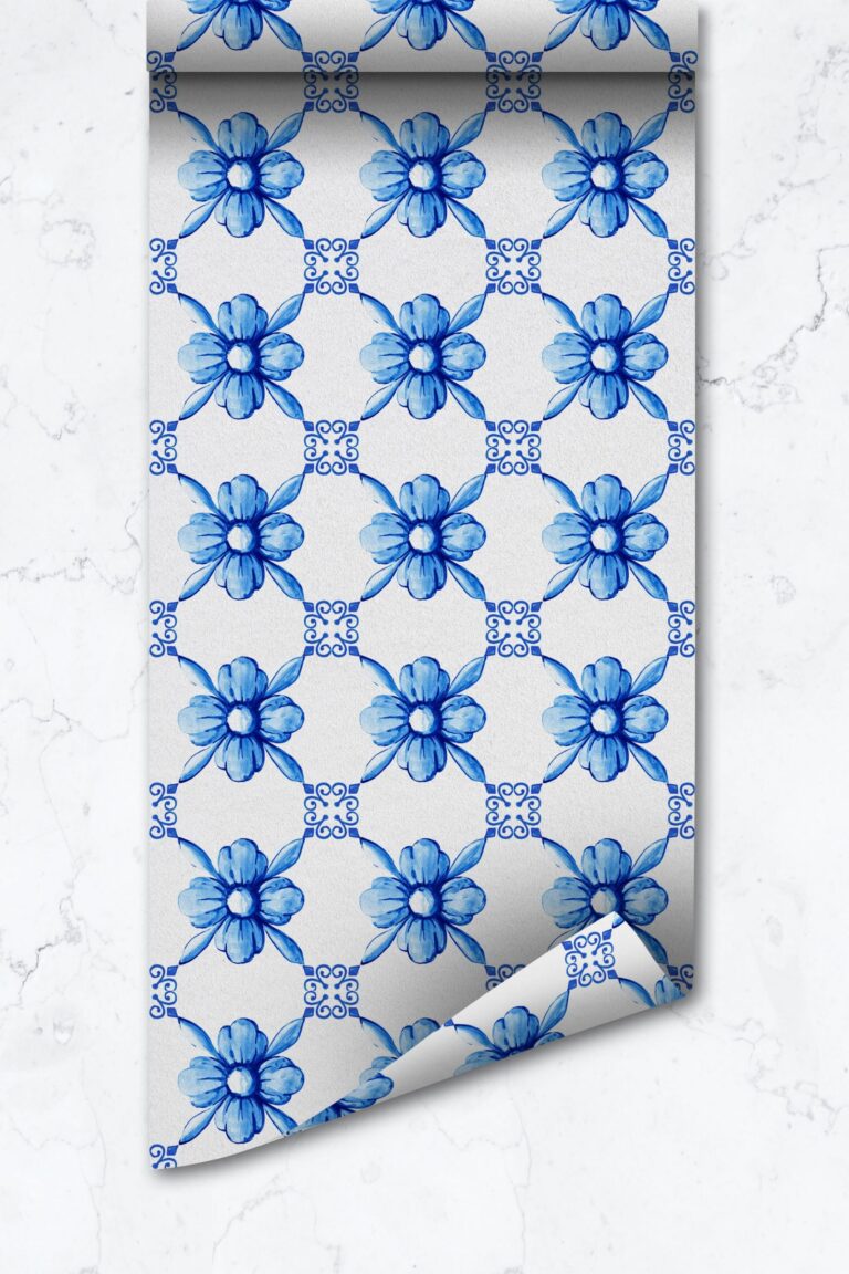 Romantic Style Blue Tiles Removable Wallpaper  Self Adhesive