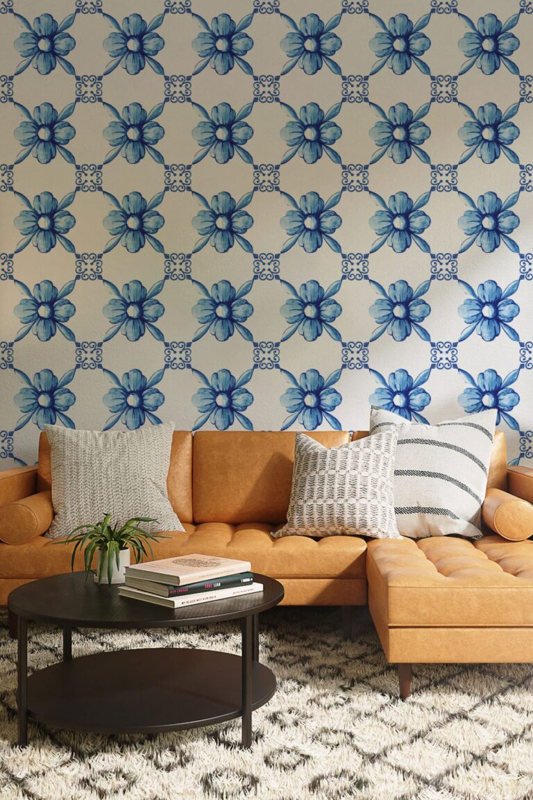 Romantic Style Blue Tiles Removable Wallpaper  Self Adhesive