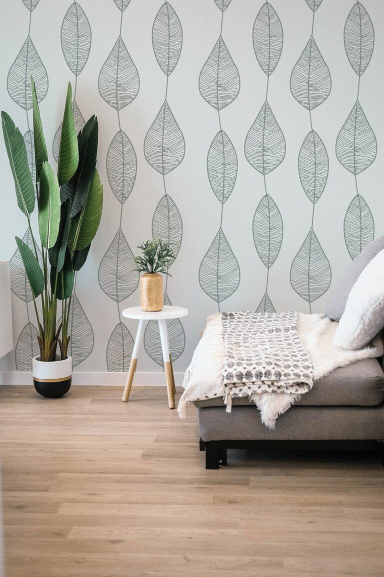 Sage Color Stripy Leaves Removable Wallpaper, Botanical Design, Self Adhesive